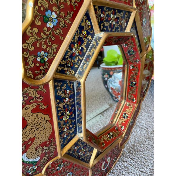 Peruvian Wall Mirror Octagonal Wood Frame Reverse Glass Painting birds flowers - Picture 12 of 16